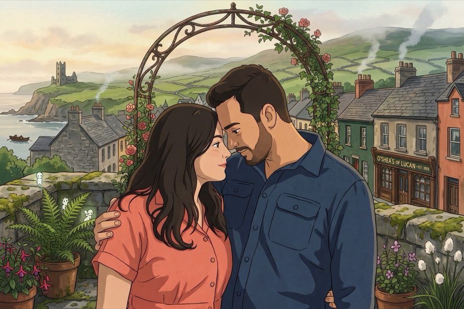 Ghibli-style artwork of Meghna and Amarnath in an Irish village